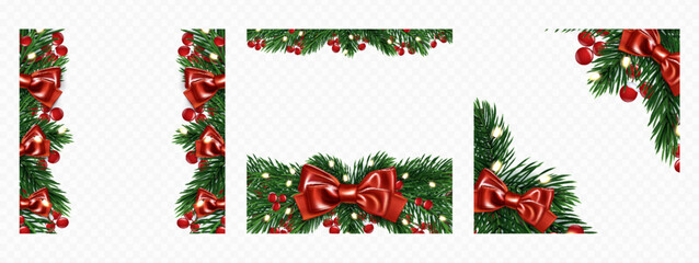 Fototapeta premium Christmas wreath frames set isolated on transparent background. Vector realistic illustration of xmas card borders and corners decorated with fir tree garland, red ribbon bow, holly berries, lights