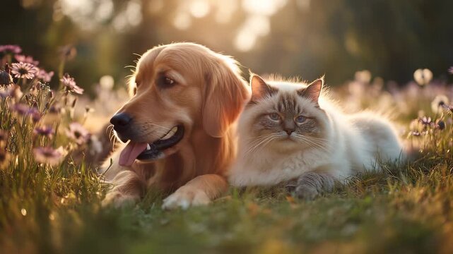 Golden dog and fluffy cat lying together on grass in flower field. Pet fur of each animal shines in nature. Cute dog with cat shows outdoor pet friend harmony surrounded by grass, flowers, fur