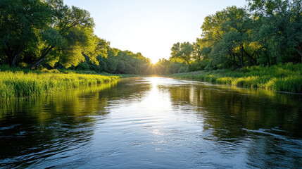 Golden evening river reflections warm glow peaceful sunset