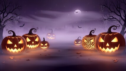 Spooky halloween jack o lanterns glowing with light isolated on transparent background