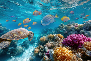 Sea Turtle and Colorful Fish Swim Over Coral Reef