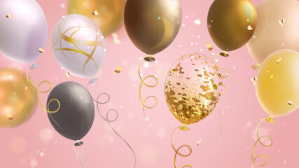 Birthday card with air balloons and golden confetti flying on pink background. Vector realistic illustration of yellow, silver, white helium balls, holiday party decoration, anniversary sale banner