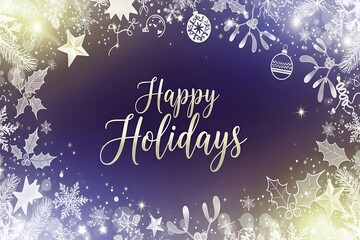 Festive happy holidays greeting card with ornaments and stars isolated on transparent background