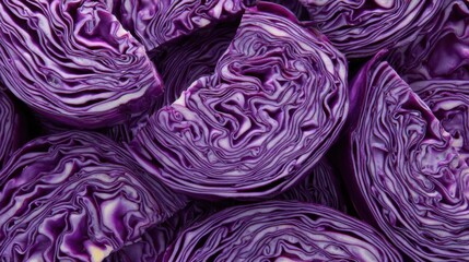 Fresh purple cabbage cut into halves arranged closely on a surface in a market setting during daylight hours for sale