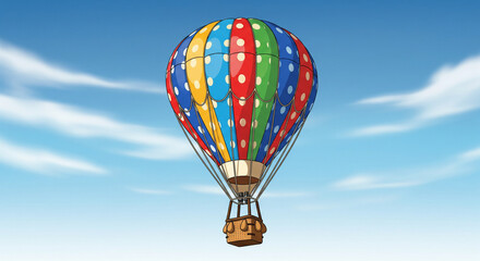 Vibrant Polka Dot Hot Air Balloon Illustration Soaring in Clear Blue Sky