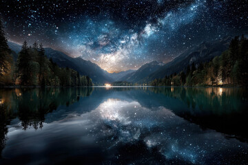 Serene Lake Reflecting Milky Way and Mountain Peaks