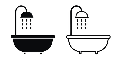 Bathtub silhouette vector, Bathtub icon, Bathtub with shower head icon vector