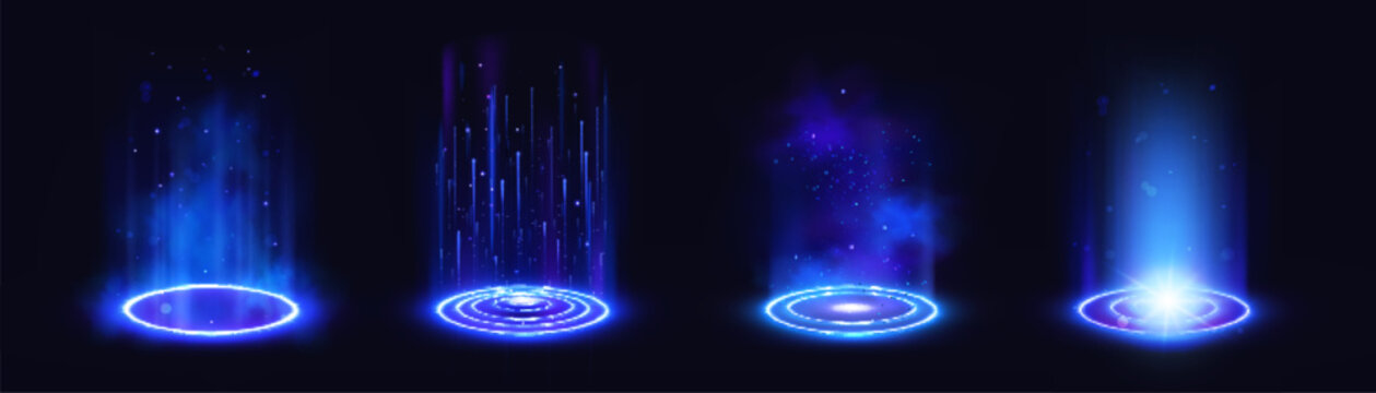 Magic portal podium with neon light rings and hologram effect on dark background. Futuristic teleport with blue glow and energy beams. Digital magic circle with radiant aura and cyber tech design.