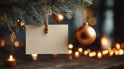 Christmas tree branch with gold ornament and blank hanging card on festive bokeh background