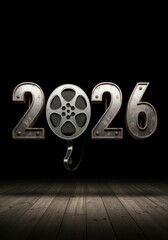 2026 Cinema Film Reel Year - Conceptual representing the year 2026 with a film reel. Symbolizing cinema, future, entertainment, projection, and nostalgia