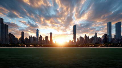 Sunset skyline park horizon glowing city skyline with dramatic clouds and warm light