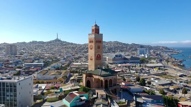 Aerial drone view of the Mohammed VI Mosque and Minaret center for dialogue of civilizations in Coquimbo Chile