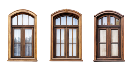 Three vintage wooden arched windows with glass panels classic architecture facade elements isolated on white background