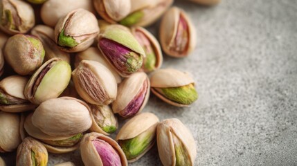 Pistachios on a gray surface with shells open and green nuts visible in the afternoon light