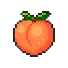 Obraz premium Pixel peach isolated on transparent background. Pixelated badge, game asset or computer arcade item. Fruit icon. Vector pixel art food illustration in 16 bit old style.