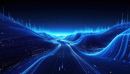 Digital landscape with flowing blue data streams resembling a virtual highway