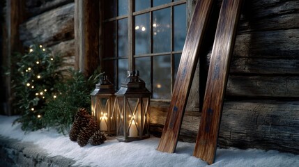 A pair of skis leaning against an old wooden cabin, with lanterns and pine cones on the windowsill, a cozy winter scene, a close-up shot.
