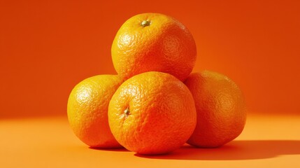Four oranges sit stacked on a bright orange surface in a simple arrangement