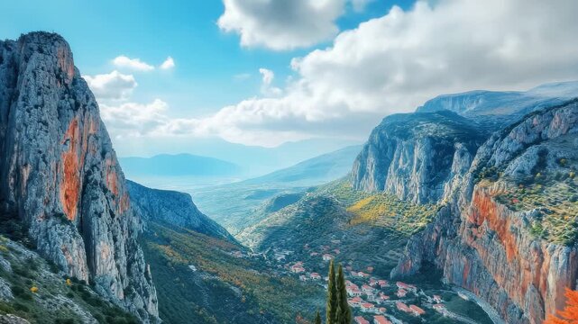Stunning aerial view of mountains and a village in a vibrant valley during autumn, Aerial view around the mountains and the village of Delphi in Greece on a sunny day in autumn