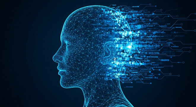 Digital human head composed of glowing blue particles and data streams, representing artificial intelligence and the future of technology
