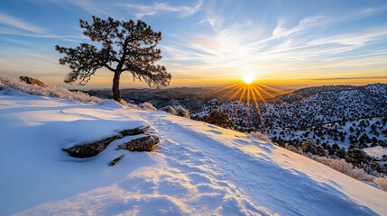 Lonely pine on snowy ridge at sunrise with golden light and crisp blue sky