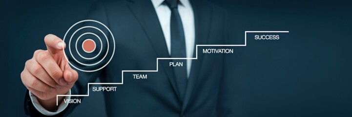Businessman points to target and upward growth steps symbolizing success and goals