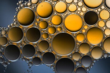 Close up abstract macro of yellow and dark oil bubbles in water