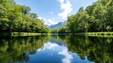 Lush green forest lake reflection with distant mountain and bright sky