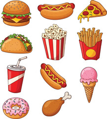 Fast Food Cartoon Stickers Set &ndash; Vector Collection of Hamburger, Hot Dog, Pizza, Taco and Popcorn on Beige Background