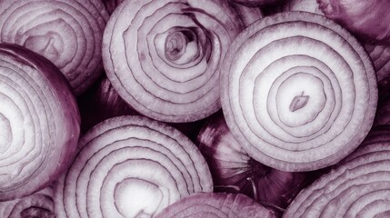 Sliced onions arranged in a circular pattern on a flat surface during daylight hours