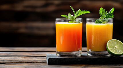 Fresh orange juice with mint garnish and lime slice on wooden board