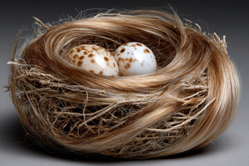 Obraz premium Unique nest creation with hair and spotted eggs in a natural setting