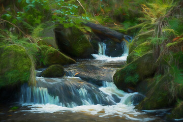 A digital illustration of Wyming Brook autumn colours in the Derbyshire, Peak District National Park.