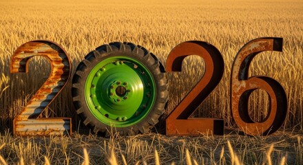 Agricultural Year 2026 Concept - The showcases a green tractor wheel integrated within the year 2026 against a golden wheat field, symbolizing harvest, growth, future, agriculture, and rural