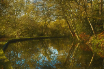 A vibrant digital oil painting of autumn colours and destination scenics along the Leek branch of the Caldon canal waterway, Staffordshire, England, UK.