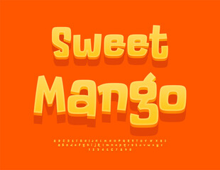 Vector Funny sticker Sweet Mango. Orange Comic style  3D Font. Funky Digital Alphabet Letters and Numbers set.