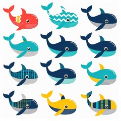 Obraz premium An array of cartoon whales, each with unique patterns and colors, are set against the bright backdrop. perfect for children's designs, these cheerful sea creatures embody playfulness and imagination.