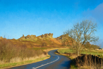 A digital illustration of a roadside view of Ramshaw Rocks in the Staffordshire Peak District.