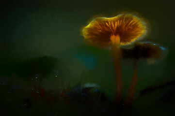 Fantasy glowing mushroom digital illustration in a mystical enchanted forest.