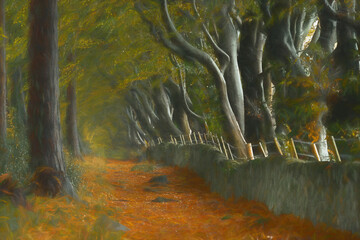 A digital illustration of arching beech trees with autumn foliage and a misty woodland path at Upper Moor in the Derbyshire Dales.