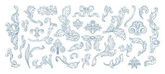 Vintage Baroque acanthus leaf elements set. Whimsical, swirl, filigree floral design elements for Victorian classic frames, borders, corners, patterns, wedding invitations, card decorations, diplomas.