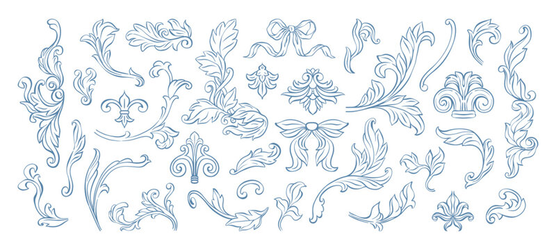 Vintage Baroque acanthus leaf elements set. Whimsical, swirl, filigree floral design elements for Victorian classic frames, borders, corners, patterns, wedding invitations, card decorations, diplomas.