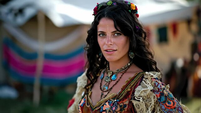 This is a video. A beautiful female looks directly at the viewer, wearing elaborate clothing and jewelry. She stands near a tent. She is a Romani, rom, gypsy, nomad, wanderer, traveler, vagabond