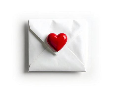 White paper envelope with a shiny red heart on top, symbolizing love, romance, heartfelt communication and mail. isolated on transparent background - Powered by Adobe