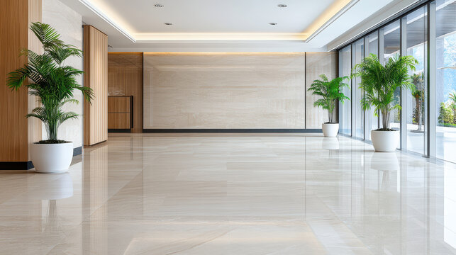 Spacious hotel lobby with polished marble floor and potted palm plants