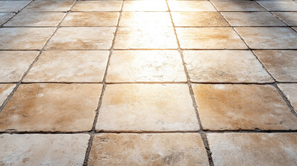 Sunlit worn ceramic tile floor with vintage texture and warm ambience