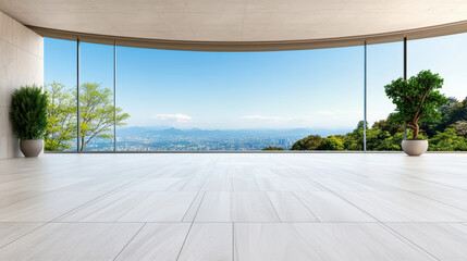 Fototapeta premium Spacious modern room with panoramic city and mountain view, serene and airy feel