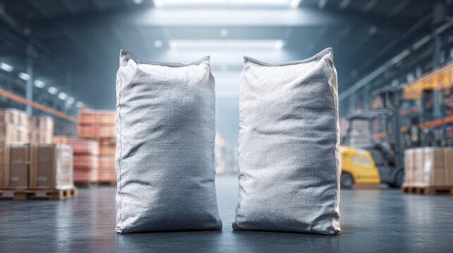 Warehouse Supply: Two heavy-duty bags stand in the middle of a bustling warehouse, potentially representing bulk goods or raw materials.