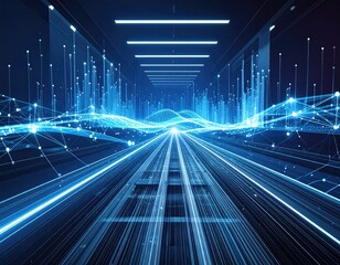 Futuristic digital pathway with bright blue lines and data flow visuals