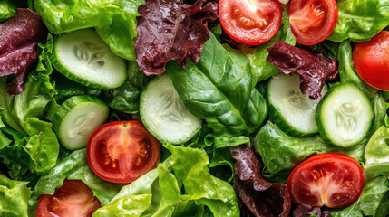 Fresh mixed salad with tomato and cucumber slices, vibrant greens and crisp leaves